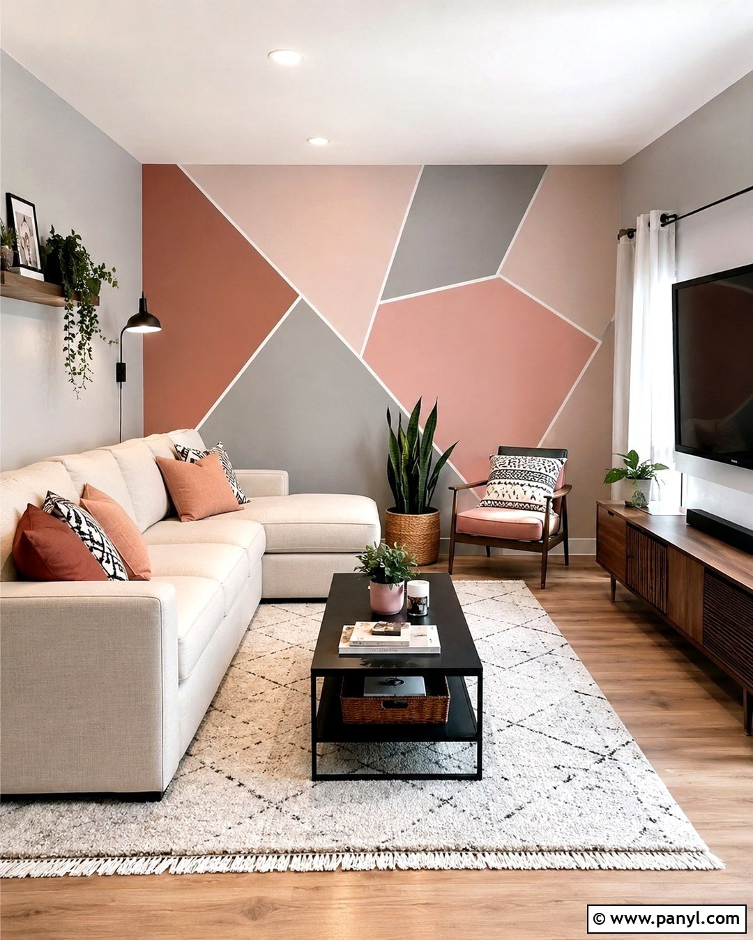 Geometric Pink Accent Wall Living Room - 20 Grey Walls With Pink Accent Wall Ideas