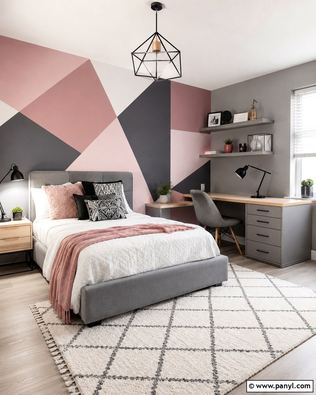 Geometric Pink Accent Wall With Grey Teen Bedroom - 20 Grey Room With Pink Accent Wall Ideas