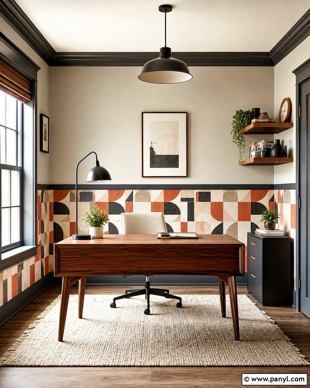Geometric Wallpaper In A Home Office - 20 wallpaper on bottom half of wall ideas