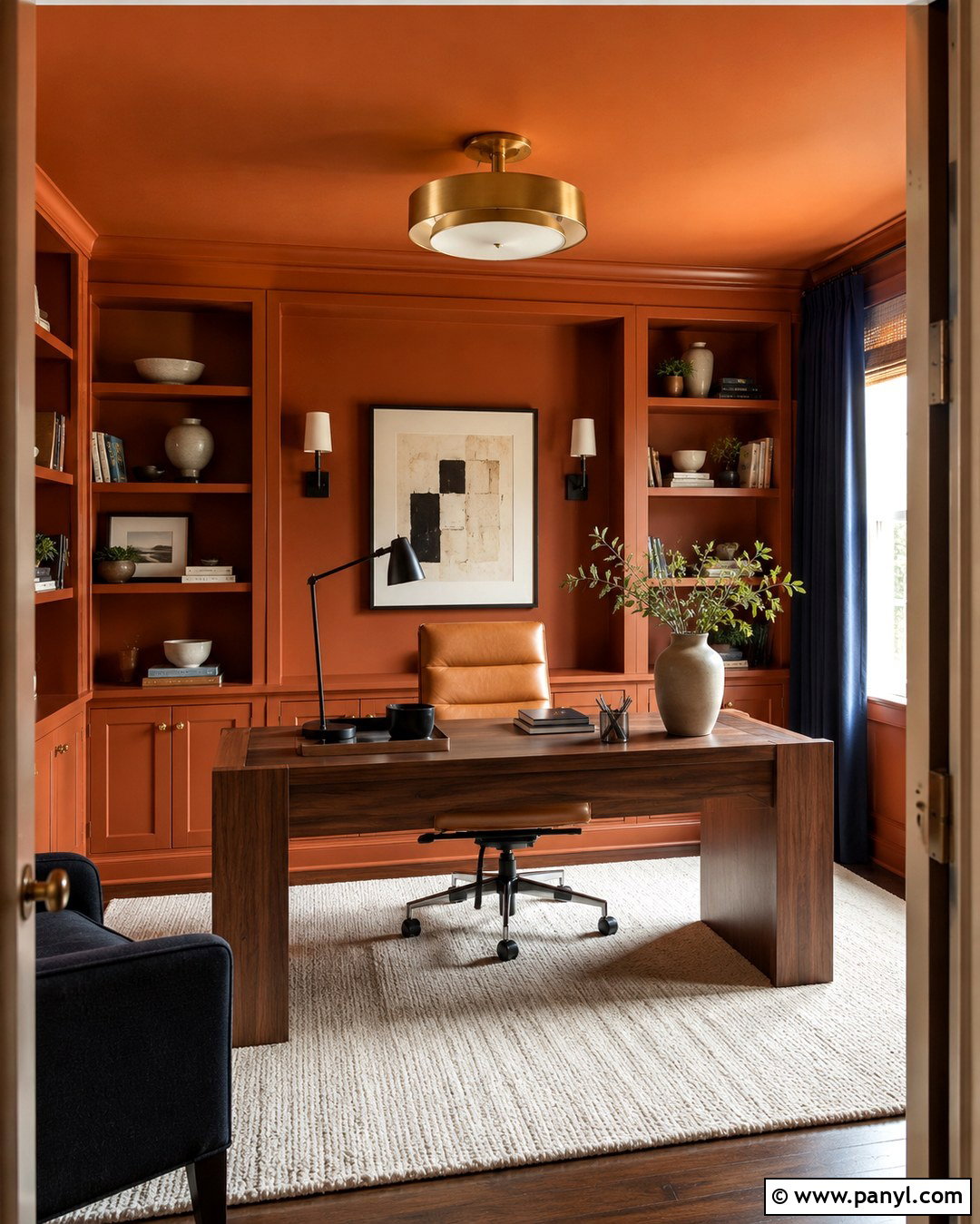 Ginger Home Office With Built-In Shelves - 20 Ginger Wall Ideas