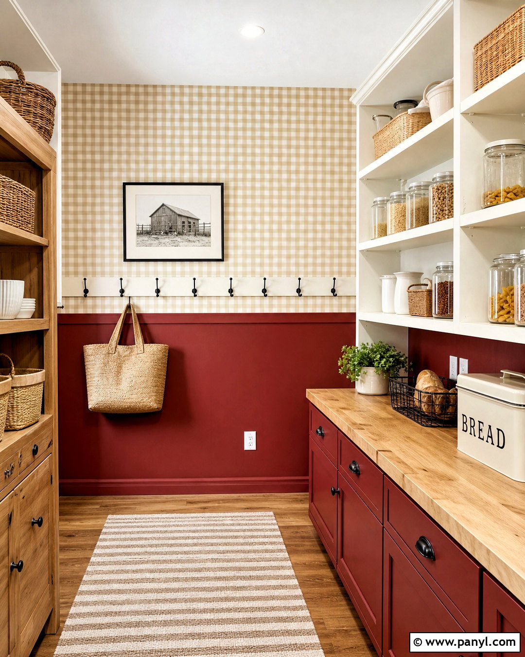 Gingham Wallpaper With Barn Red Paint - 20 half wallpaper half paint ideas
