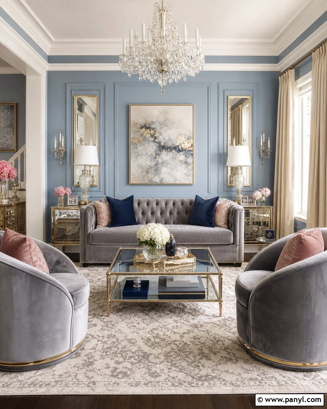 Glam Living Room With Light Blue Walls And Grey Velvet Furniture - 20 Light Blue Walls With Grey Furniture Ideas