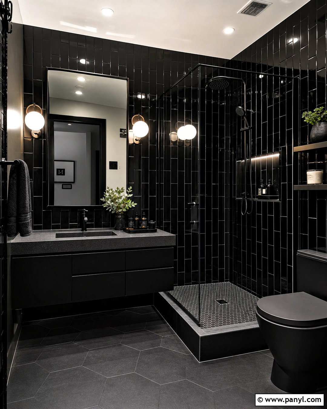 Glossy Black Tile Bathroom - 20 all black bathroom ideas