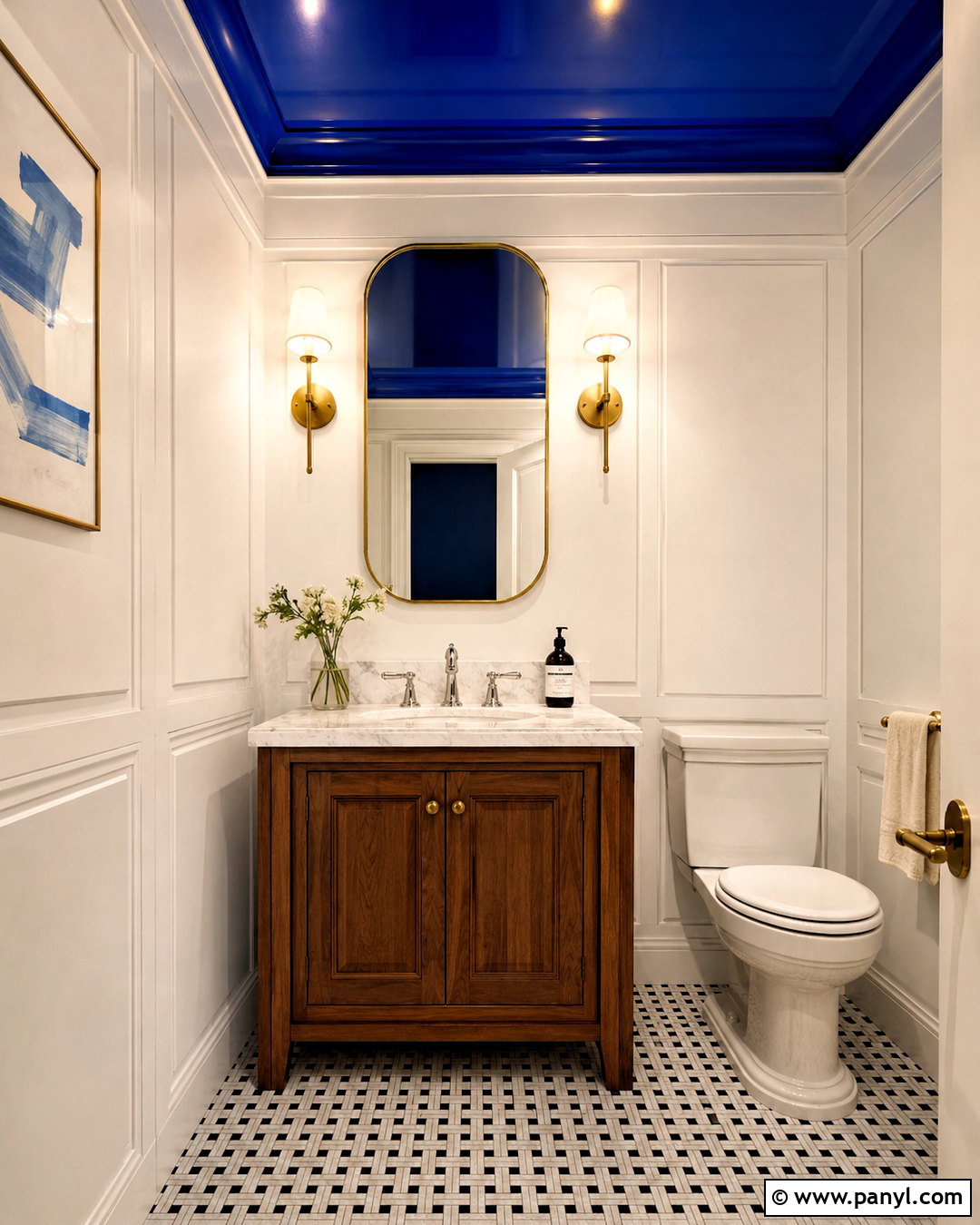 Glossy Blue Ceiling Powder Room - 20 White Walls With Blue Ceiling Ideas