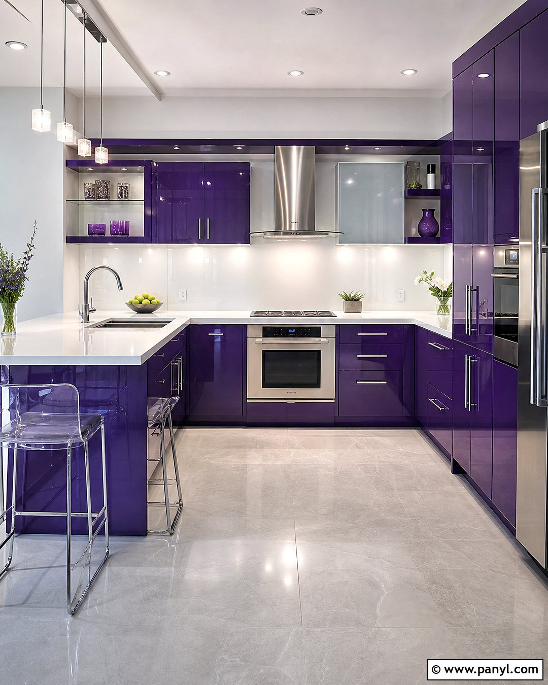 Glossy Violet Kitchen With White Walls - 20 violet kitchen ideas
