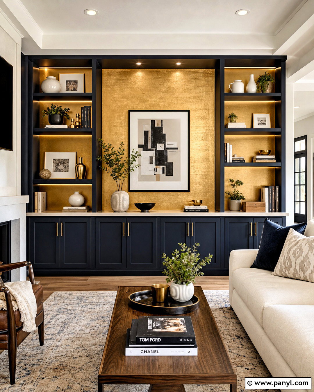 Gold Accent Wall With Built-In Shelves - 20 gold accent wall ideas