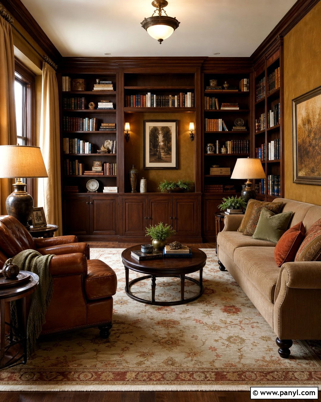 Gold And Brown Home Library Walls - 30 Golden Wall Paint Ideas
