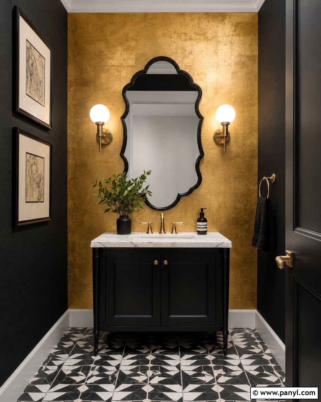 Gold Leaf Powder Room Wall - 20 Metallic Accent Wall Bathroom Ideas