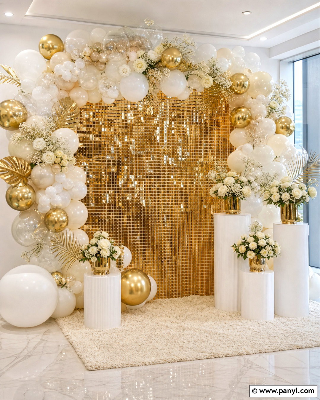 Gold Shimmer Wall With White Balloons - 20 shimmer wall with balloons