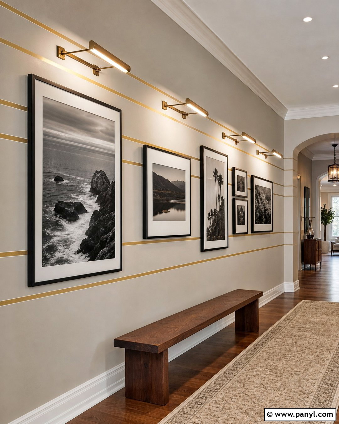 Gold Stripe Gallery Wall Hallway - 35 gold stripe wall ideas