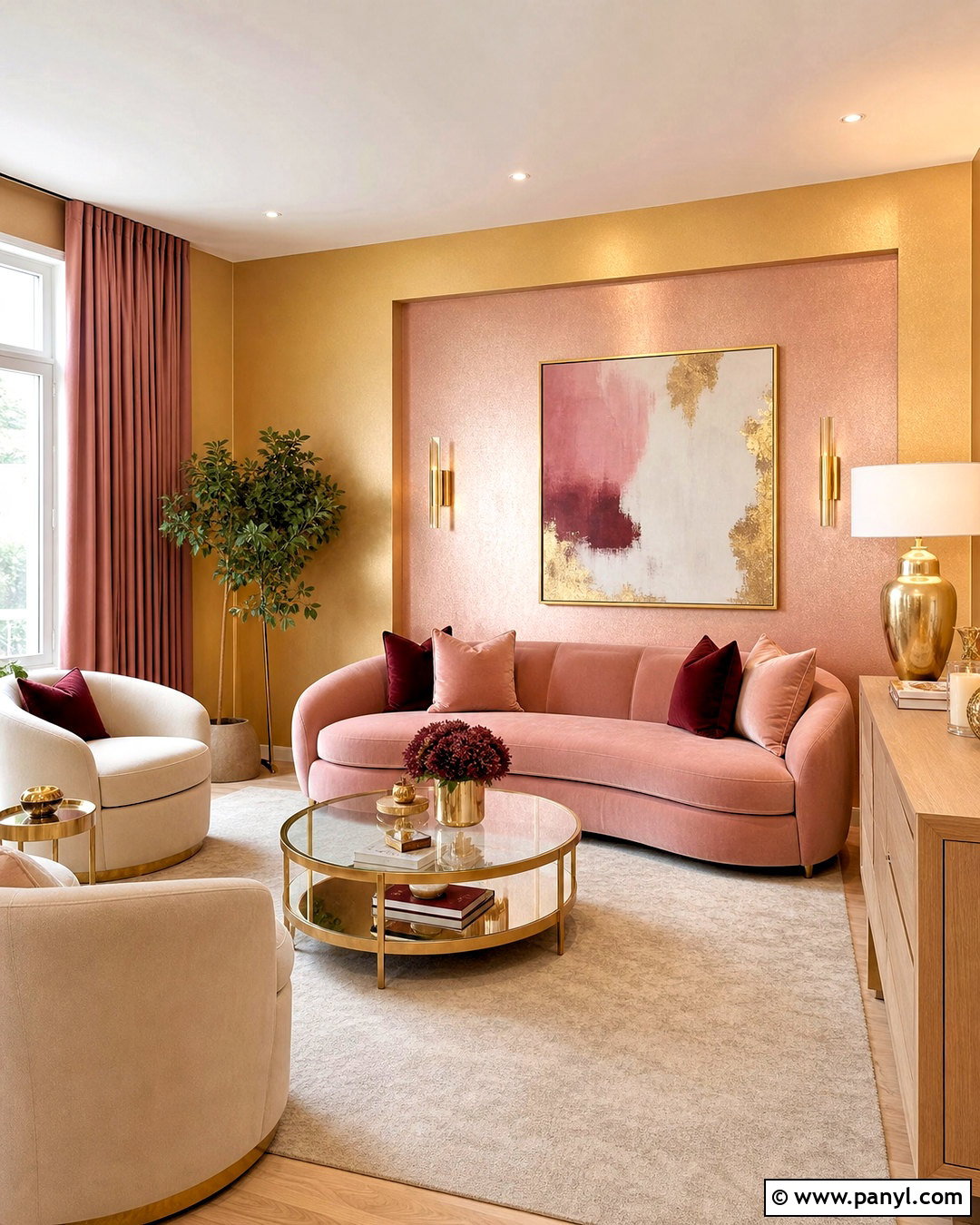 Gold Wall Paint With Blush Pink Decor - 20 gold wall paint living room ideas
