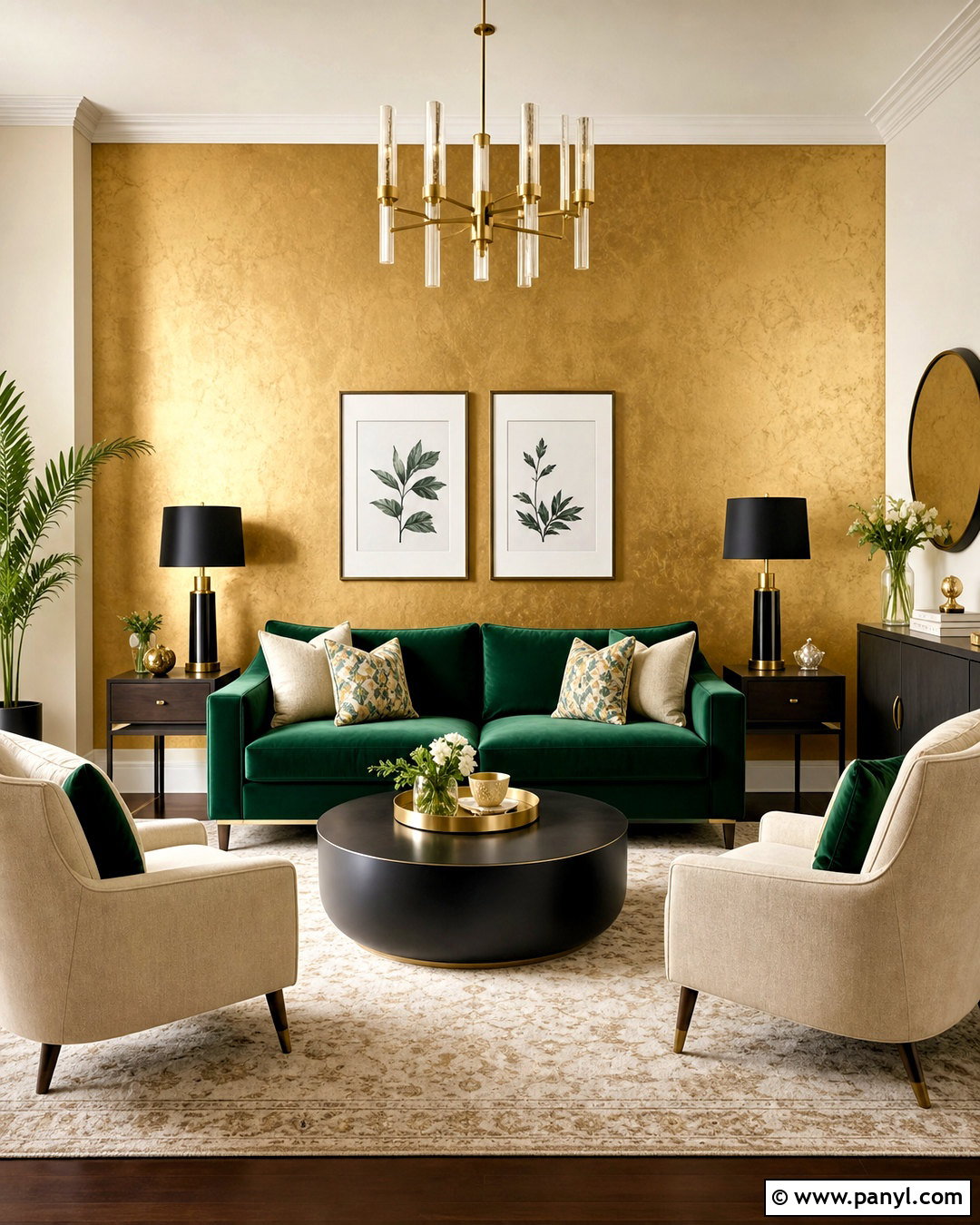 Gold Wall Paint With Emerald Green Sofa - 20 gold wall paint living room ideas