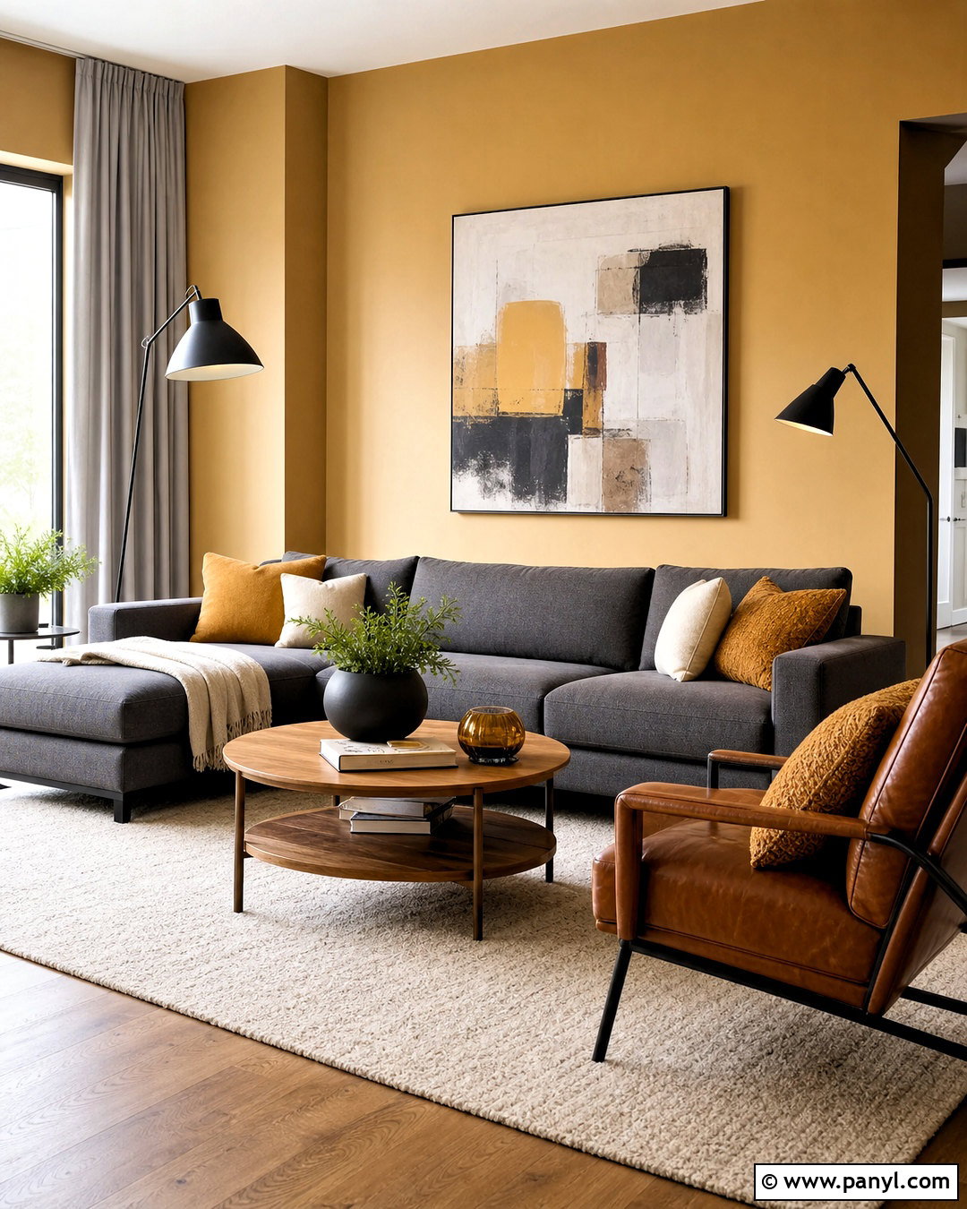 Gold Wall Paint With Gray Sectional - 20 gold wall paint living room ideas