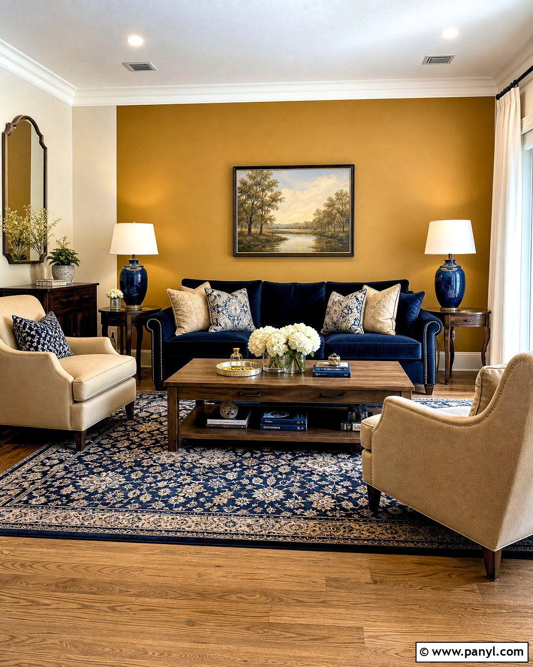 Gold Wall Paint With Navy Blue Sofa - 20 gold wall paint living room ideas