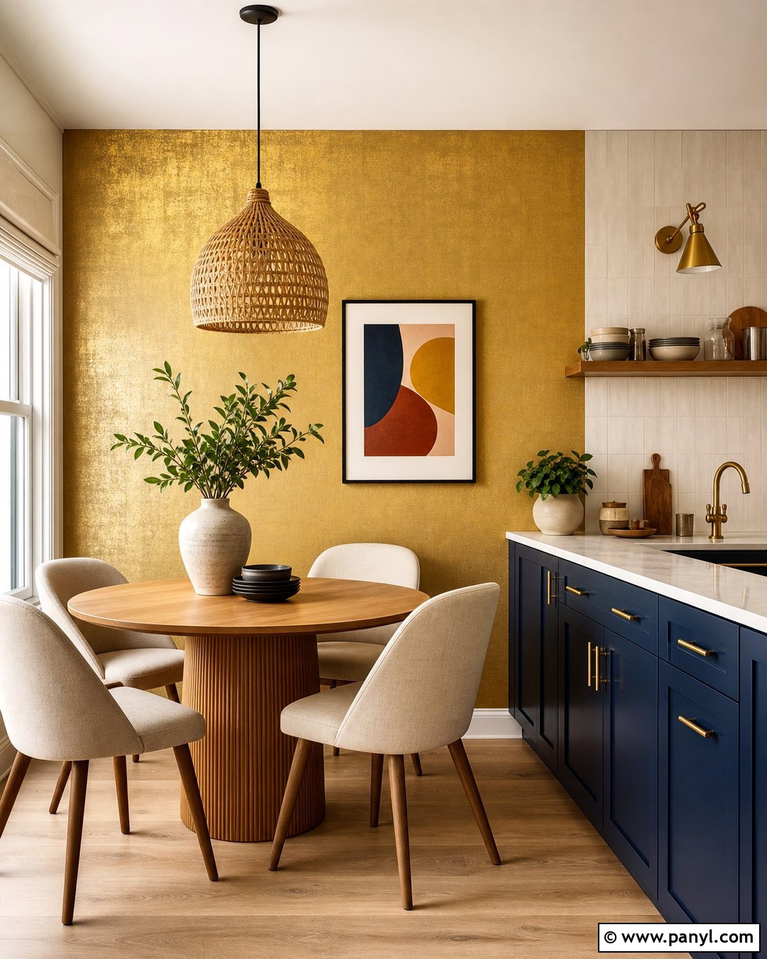 Gold Wall With Blue Cabinets - 35 Gold Walls