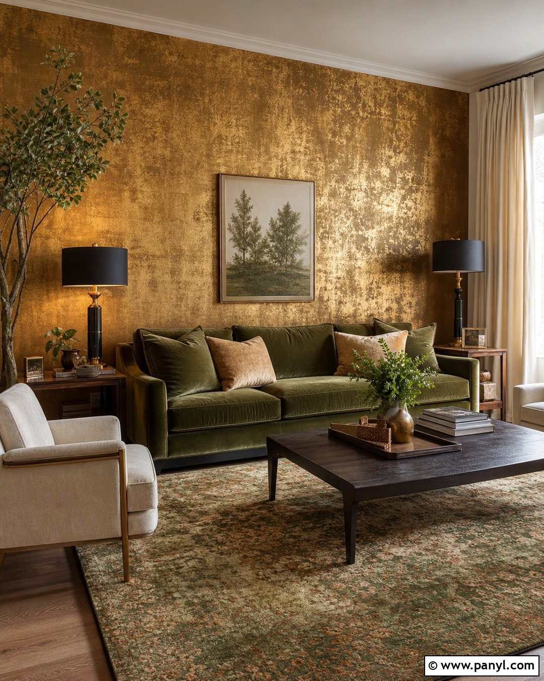 Gold Wall With Green Sofa - 35 Gold Walls