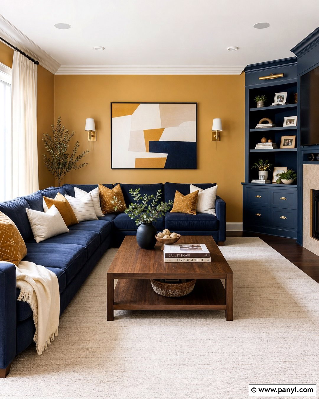 Gold Wall With Navy Furniture - 35 Gold Walls