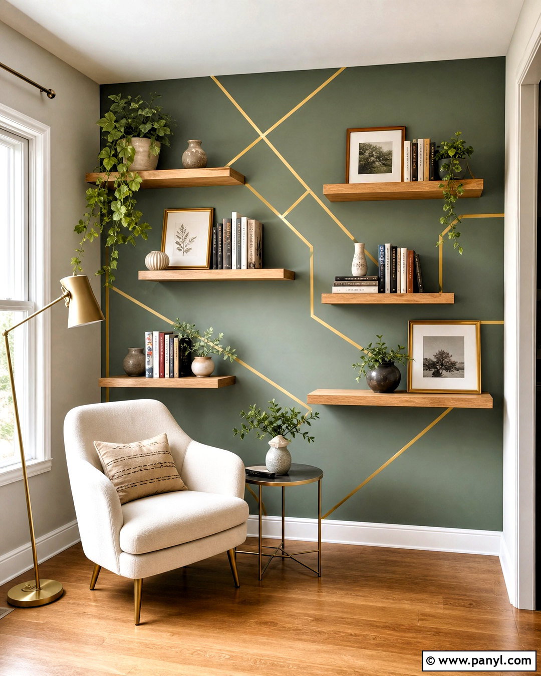 Golden Tape Bookshelf Outline Wall - 20 golden tape wall design ideas