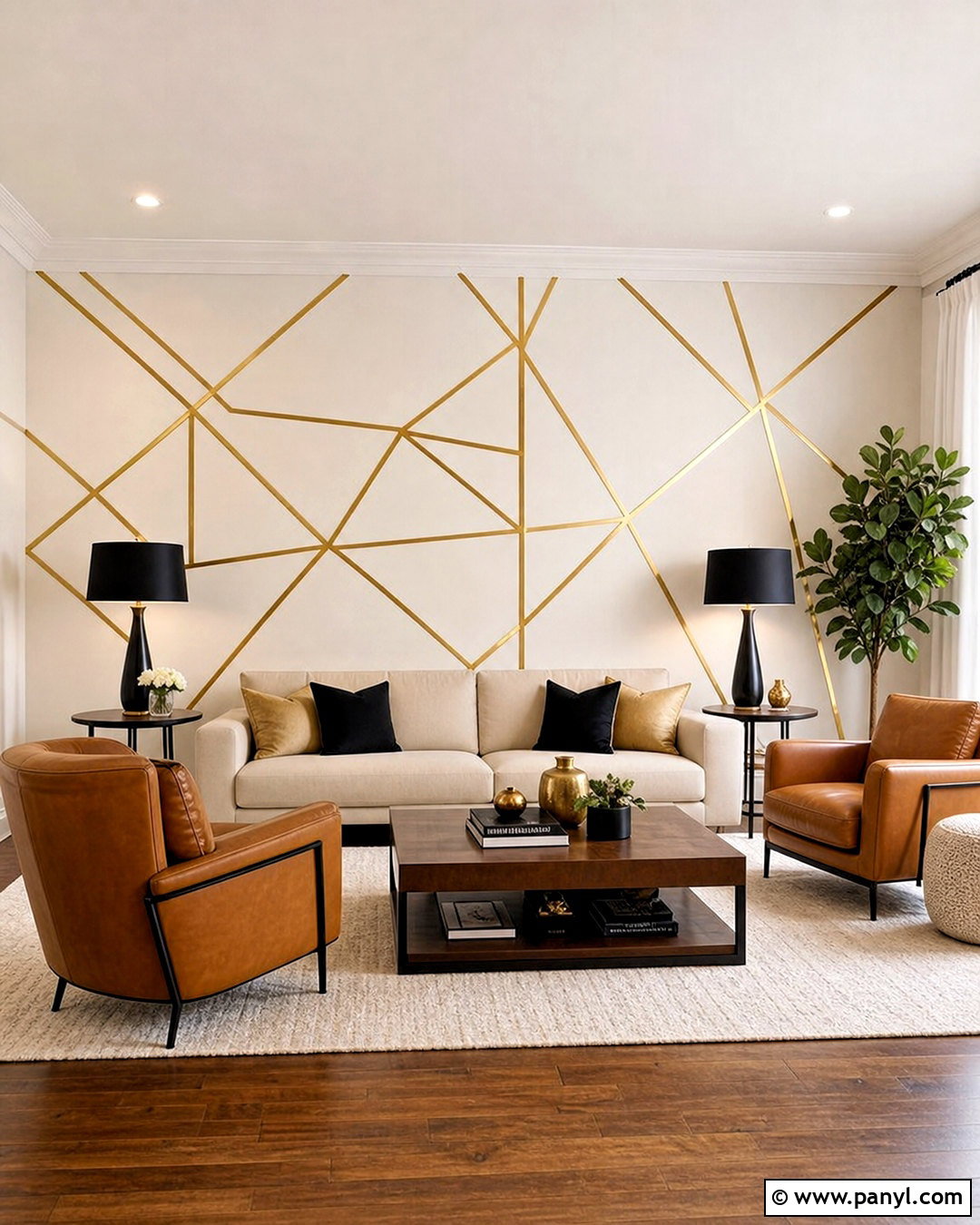 Golden Tape Geometric Living Room Wall - 20 golden tape wall design ideas