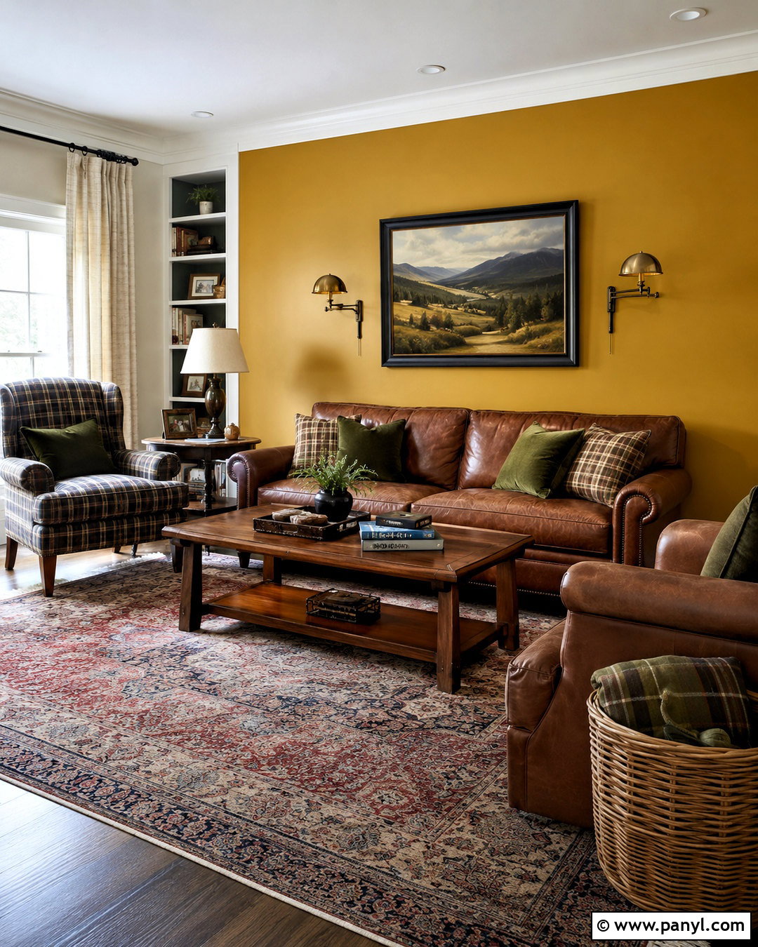 Golden Yellow Accent Wall With Brown Leather Sofa - 20 cozy living room with yellow accent wall ideas