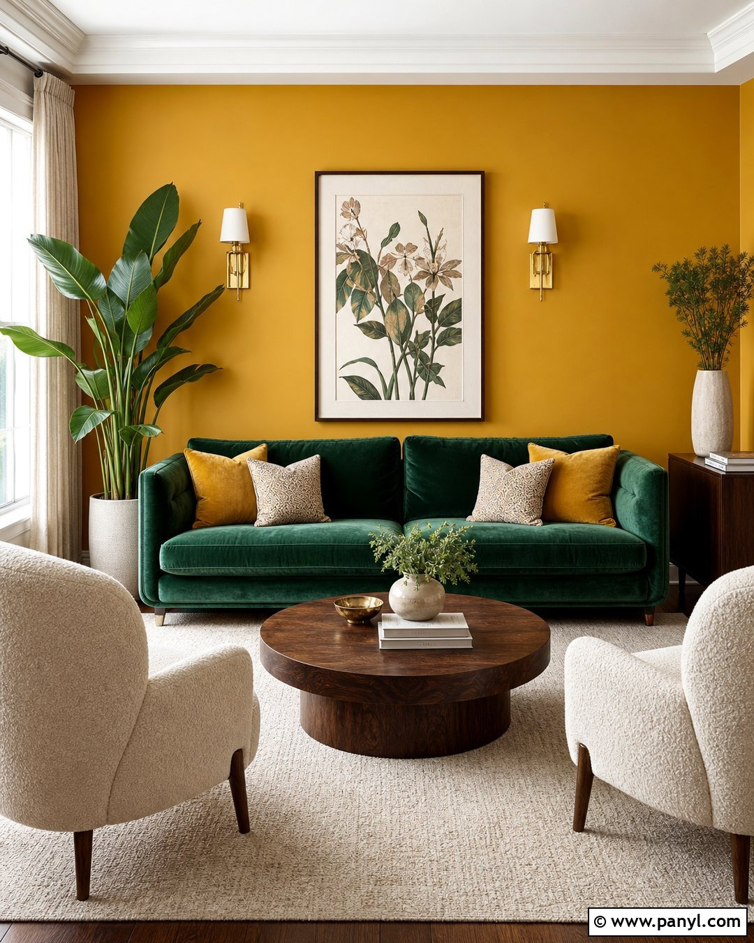 Golden Yellow Accent Wall With Green Velvet Sofa - 25 Yellow Accent Wall Living Room Ideas