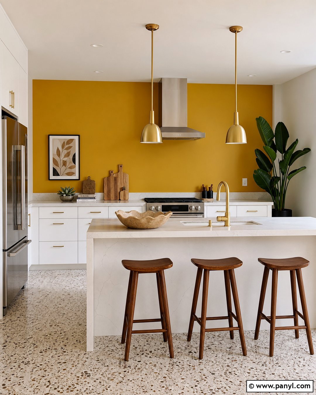 Golden Yellow Accent Wall With White Cabinets - 20 Modern Kitchen With Yellow Accent Wall Ideas