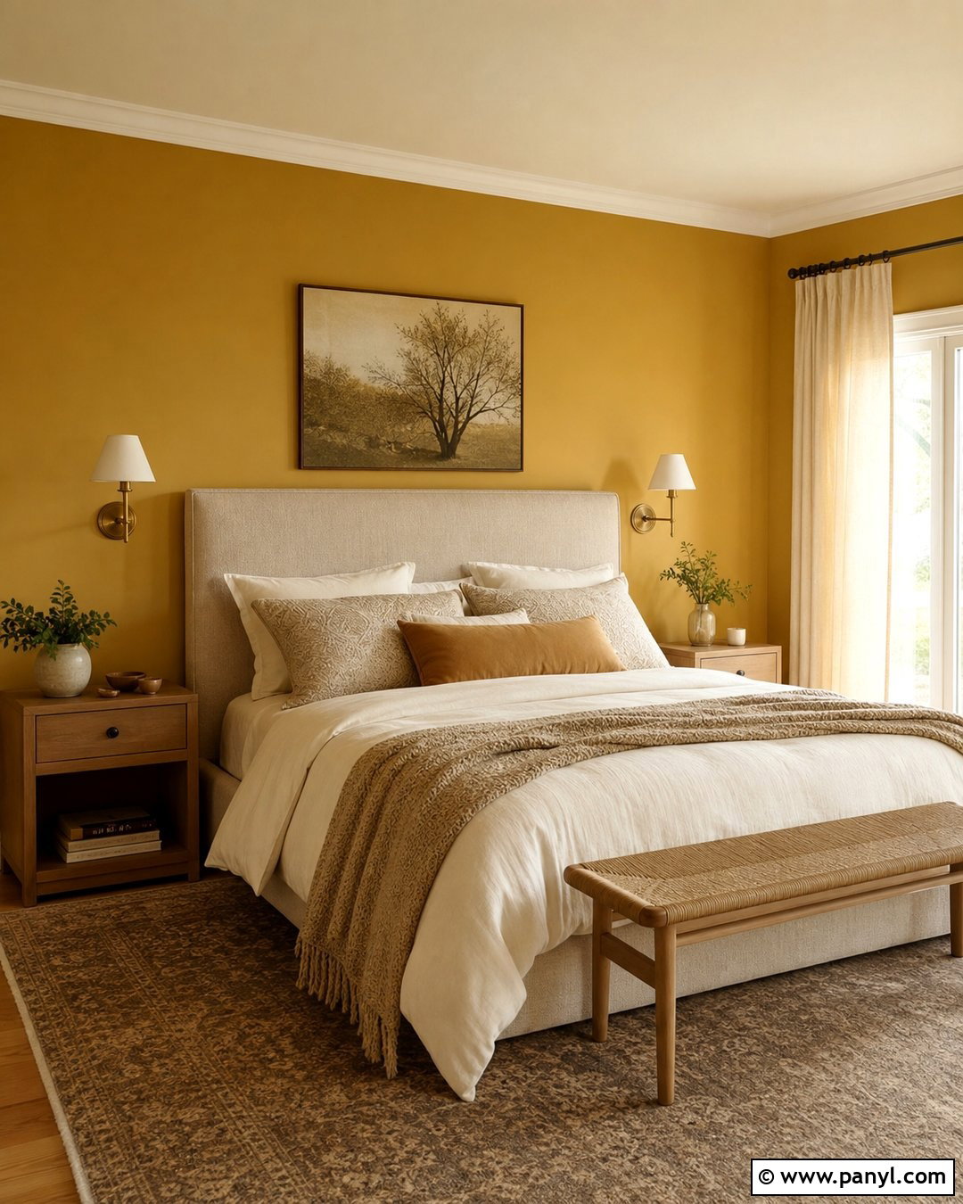 Golden Yellow Bedroom With Cream Bedding - 20 Golden Yellow Walls