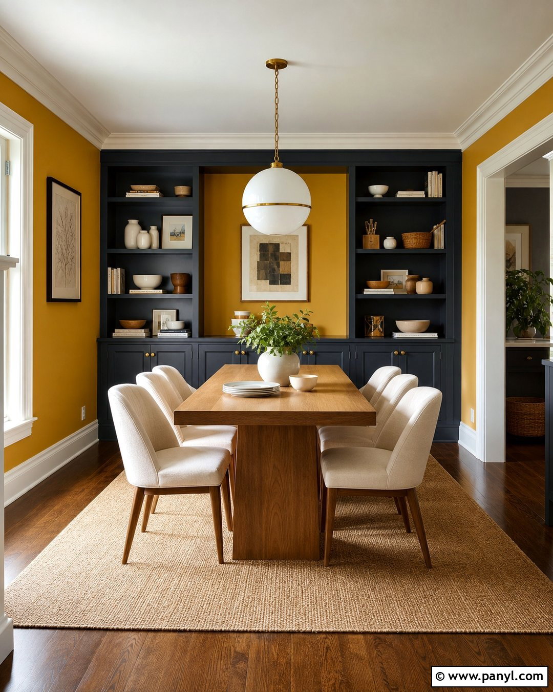 Golden Yellow Dining Room With Blue Built-Ins - 20 Golden Yellow Walls