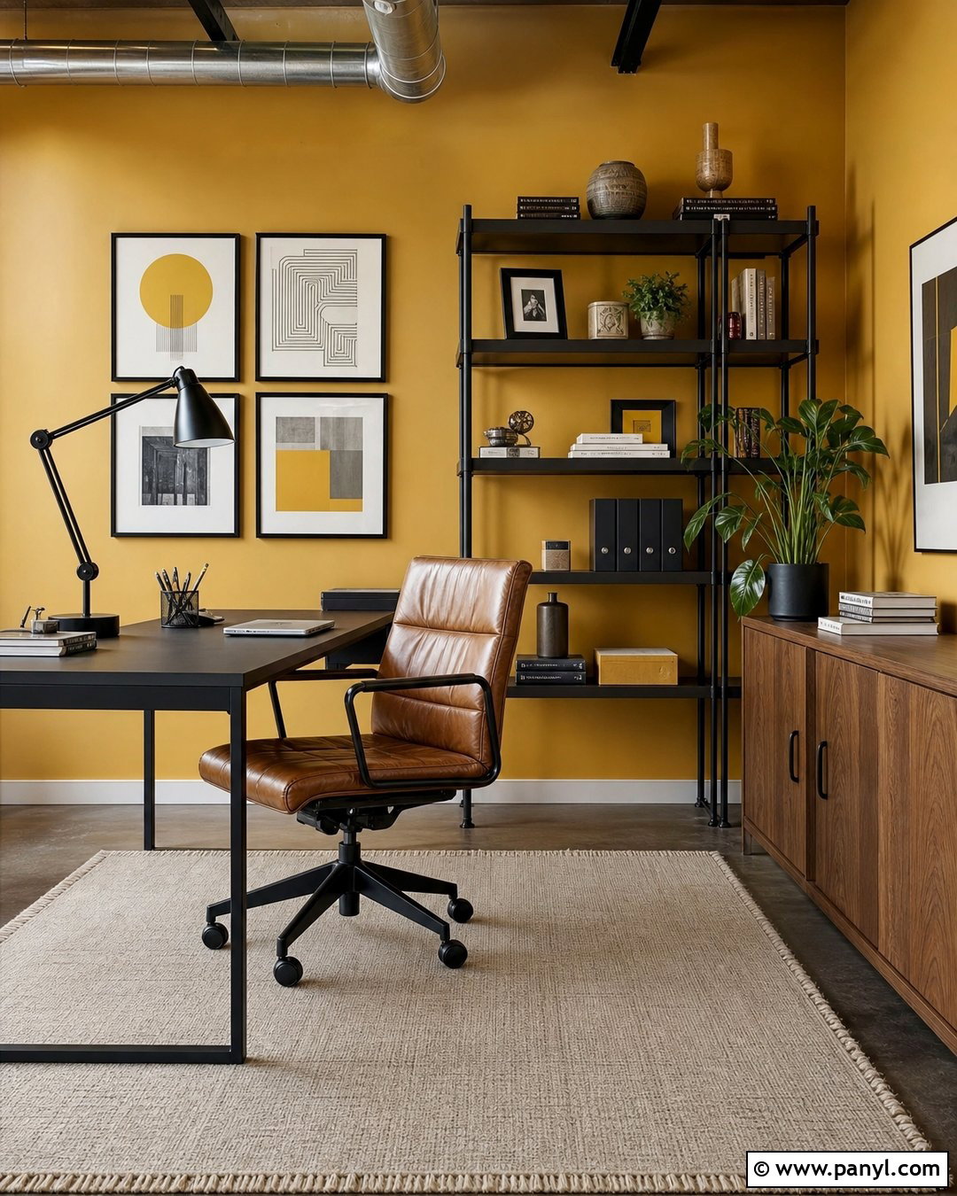 Golden Yellow Home Office With Black Accents - 20 Golden Yellow Walls
