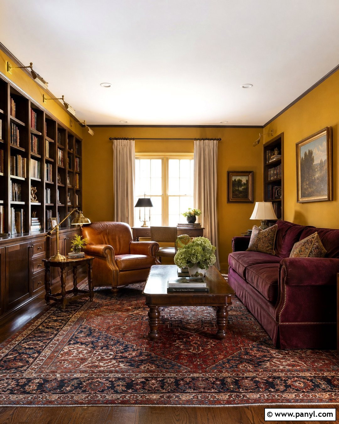 Golden Yellow Library With Burgundy Sofa - 20 Golden Yellow Walls