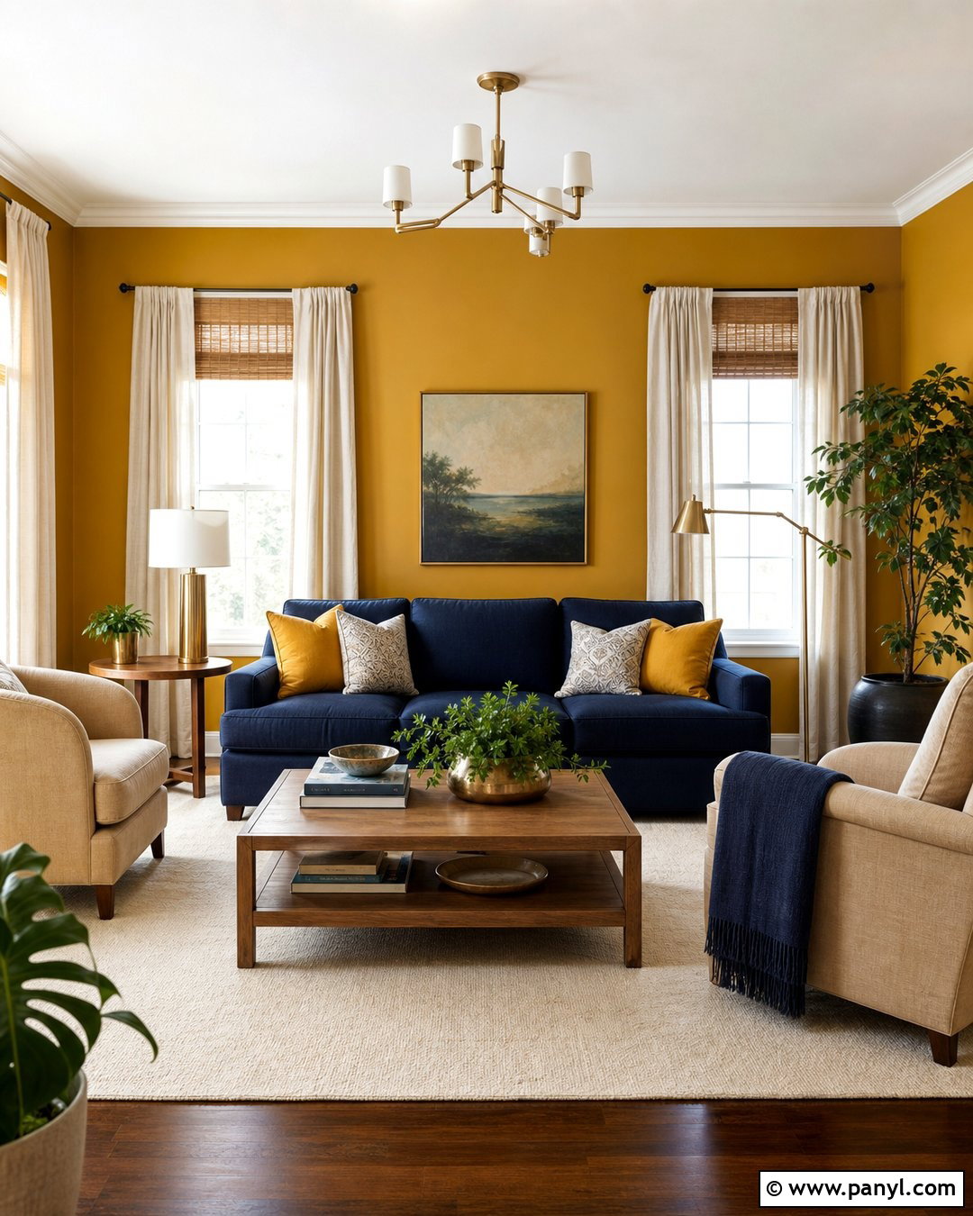 Golden Yellow Living Room With Navy Sofa - 20 Golden Yellow Walls