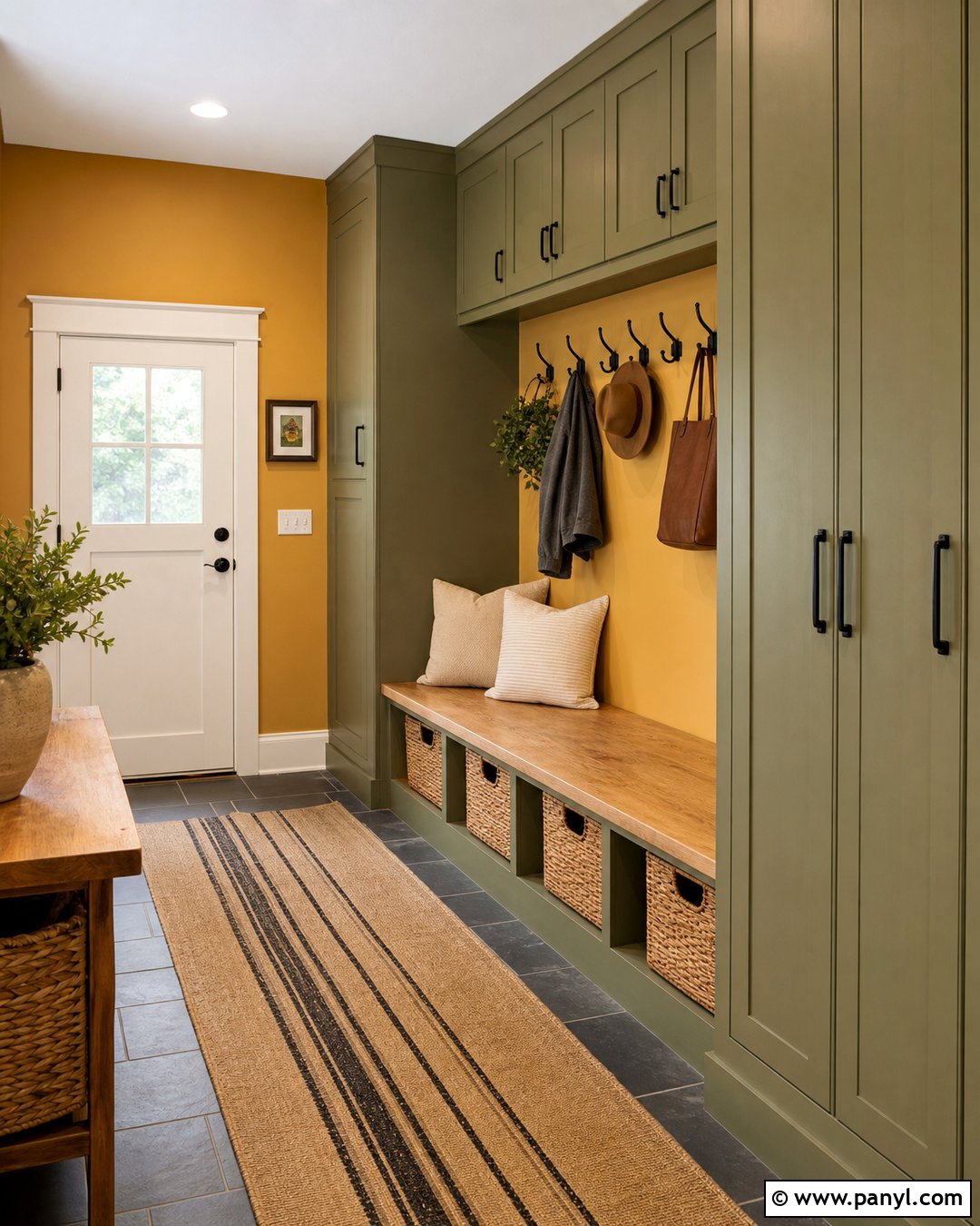 Golden Yellow Mudroom With Green Cabinets - 20 Golden Yellow Walls