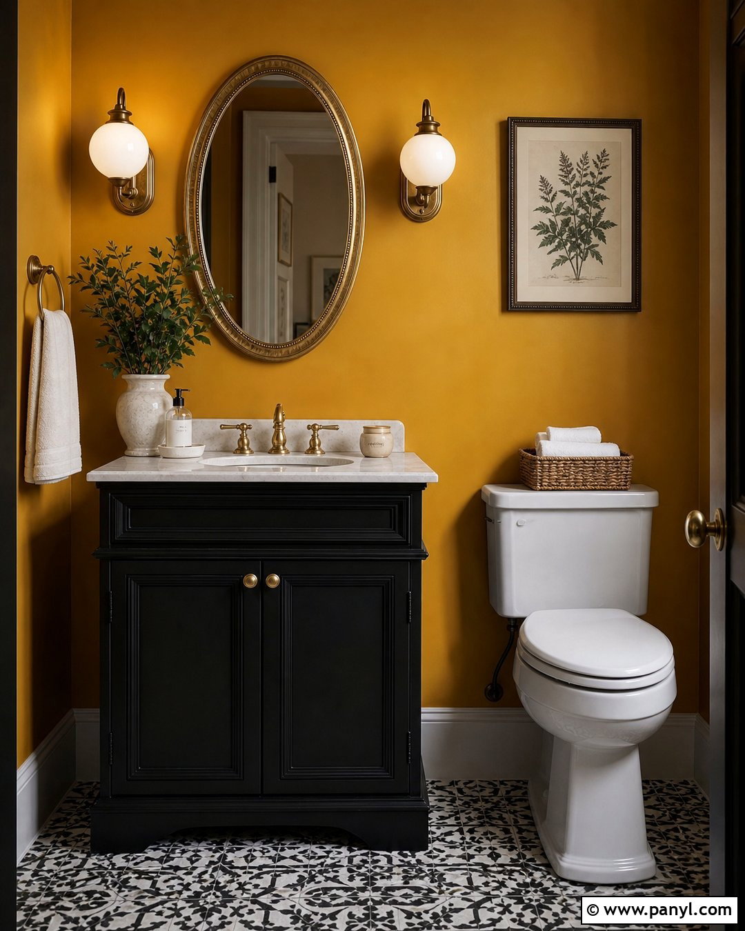 Golden Yellow Powder Room With Dark Vanity - 20 Golden Yellow Walls