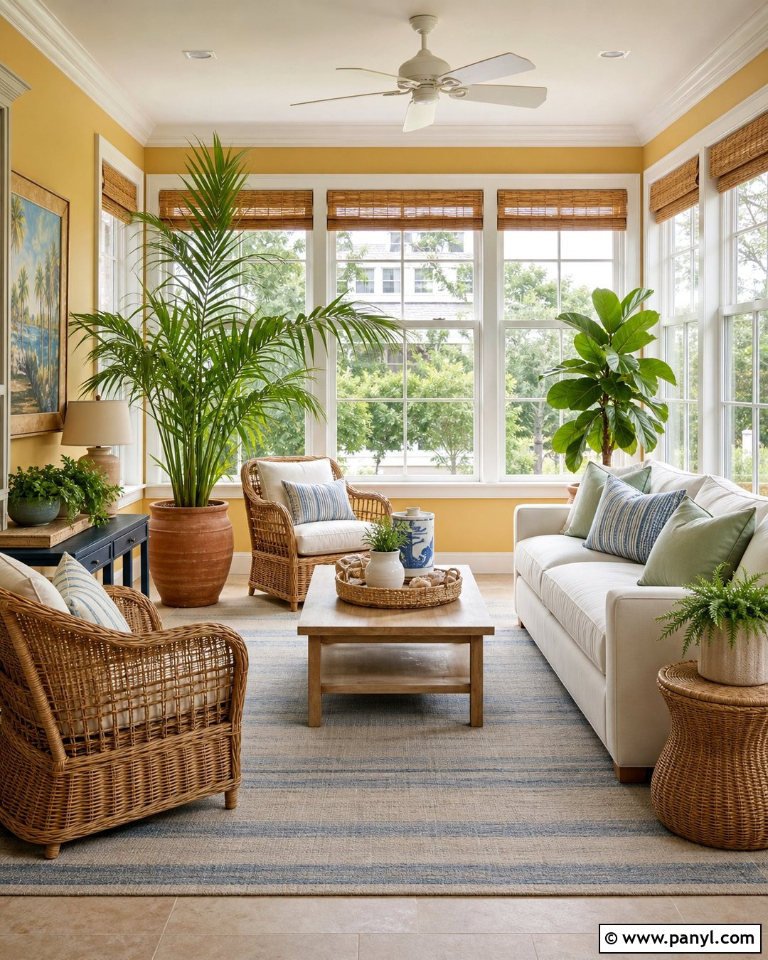 Golden Yellow Sunroom With Rattan Furniture - 20 Golden Yellow Walls