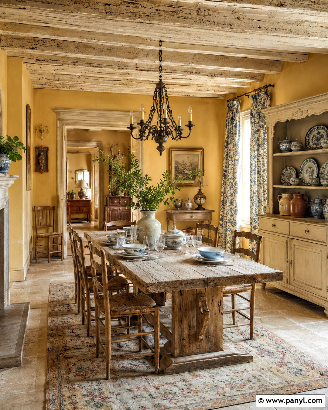 Golden Yellow Wall French Country Dining Room - 20 Yellow Wall Vintage Style Ideas