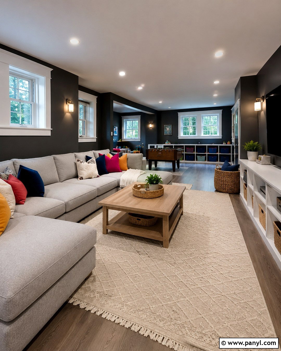 Graphite Basement Family Room With White Windows - 20 Dark Walls White Windows