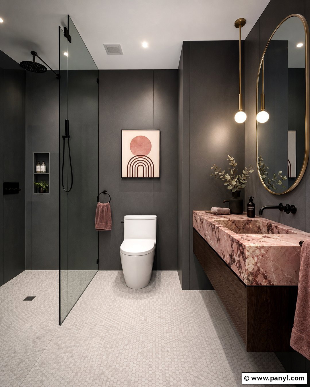 Graphite Bathroom With Pink Marble Sink - 20 Modern Bathroom With Dark Walls And Marble Sink Ideas