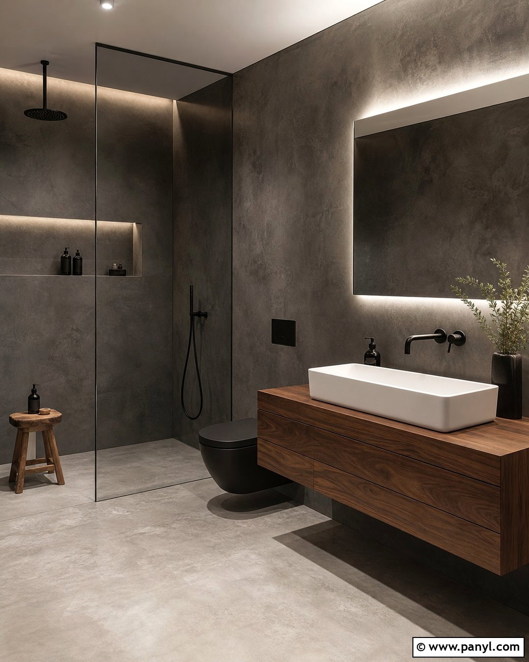 Graphite Concrete Bathroom Walls - 30 Dark Bathroom Walls