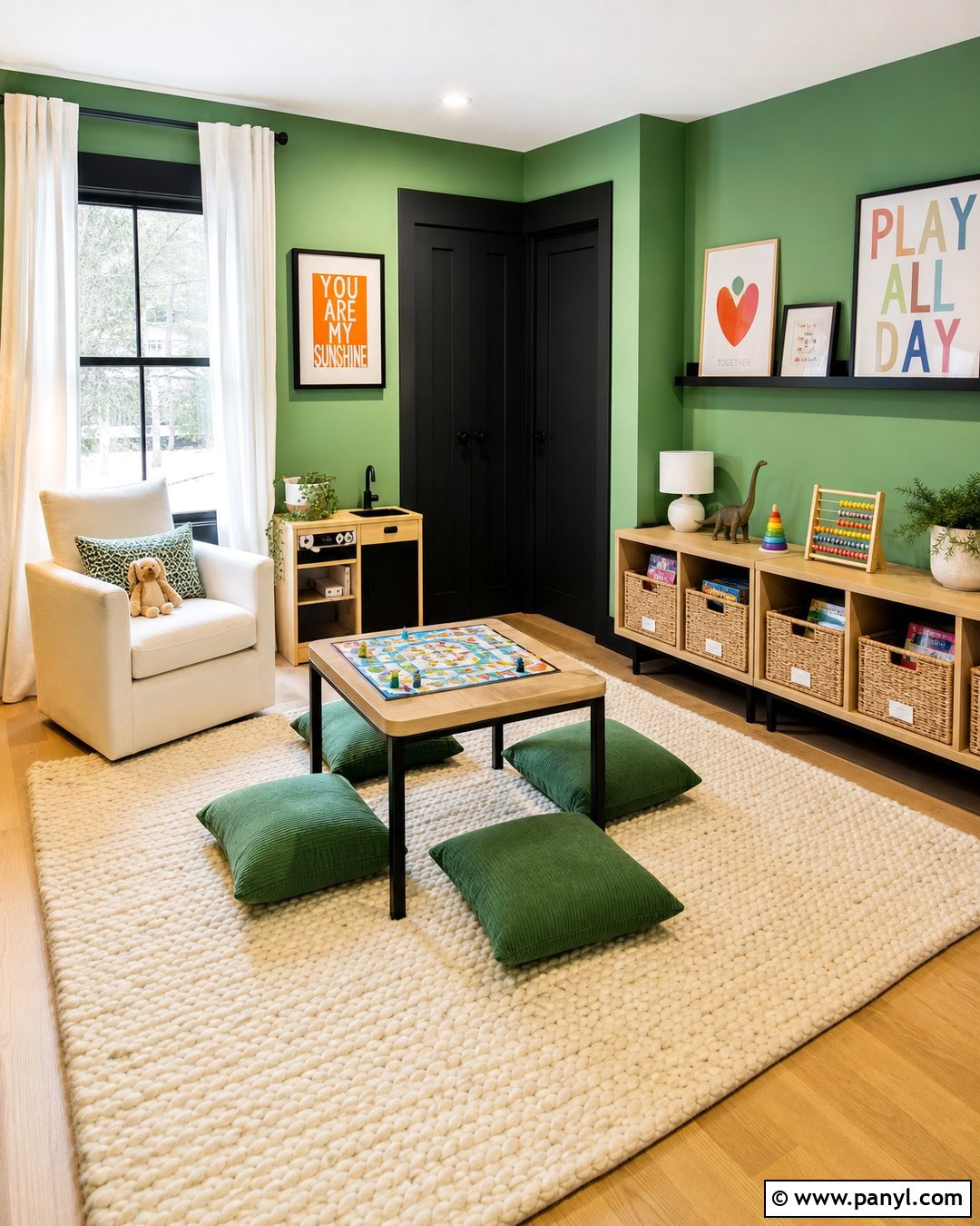 Grass Green Playroom With Black Trim - 25 Green Walls With Black Trim Ideas