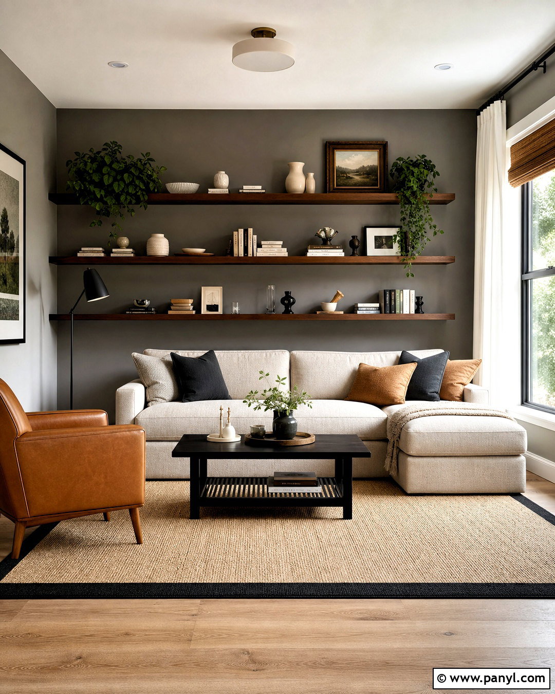 Gray Accent Wall With Floating Shelves - 20 accent wall gray living room ideas