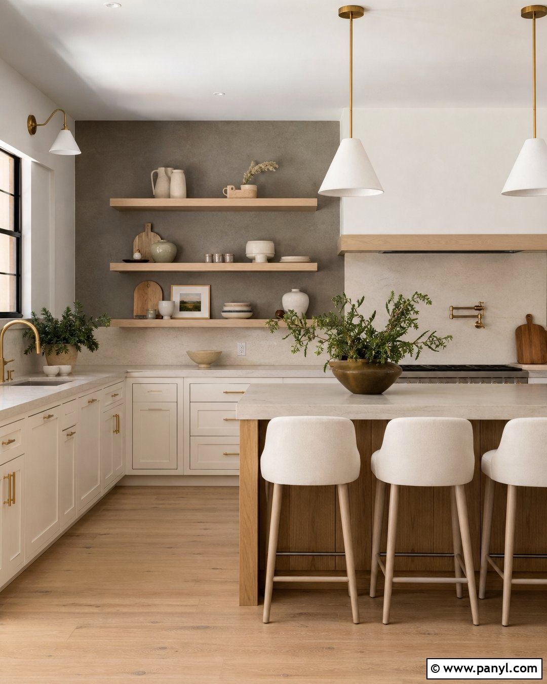 Gray Accent Wall With Open Wood Shelves - 20 Modern Kitchen With Gray Accent Wall Ideas