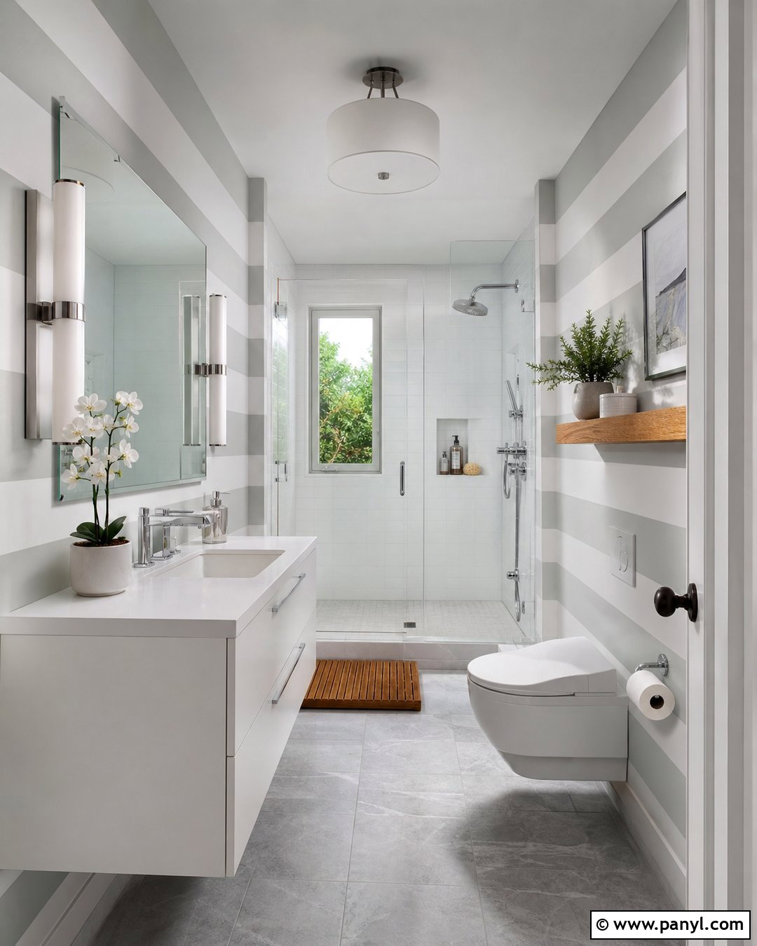 Gray And White Horizontal Striped Walls - 20 Elegant Bathroom With Striped Walls