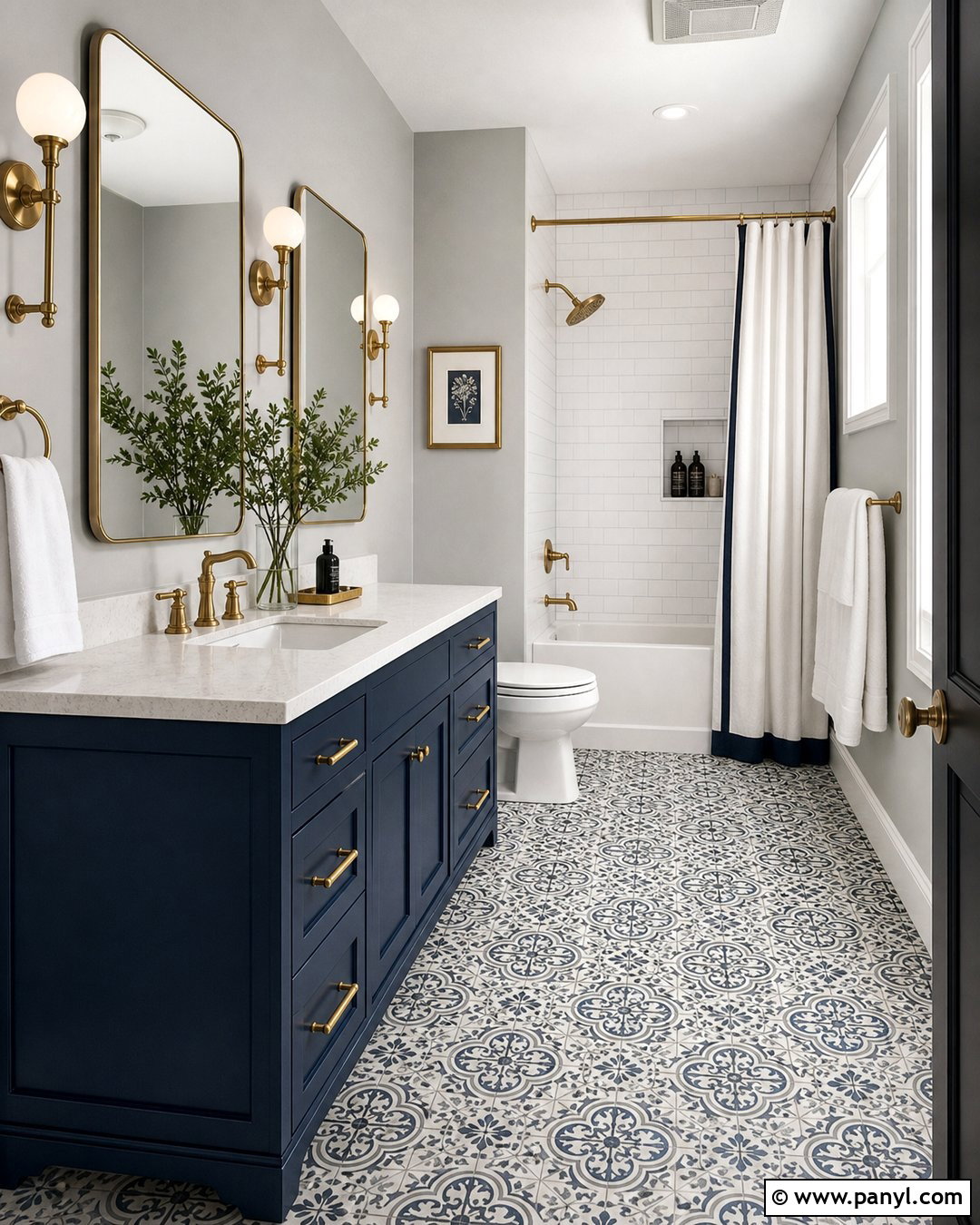 Gray Bathroom Walls With Navy Vanity - 20 Gray Bathroom Wall Color Ideas