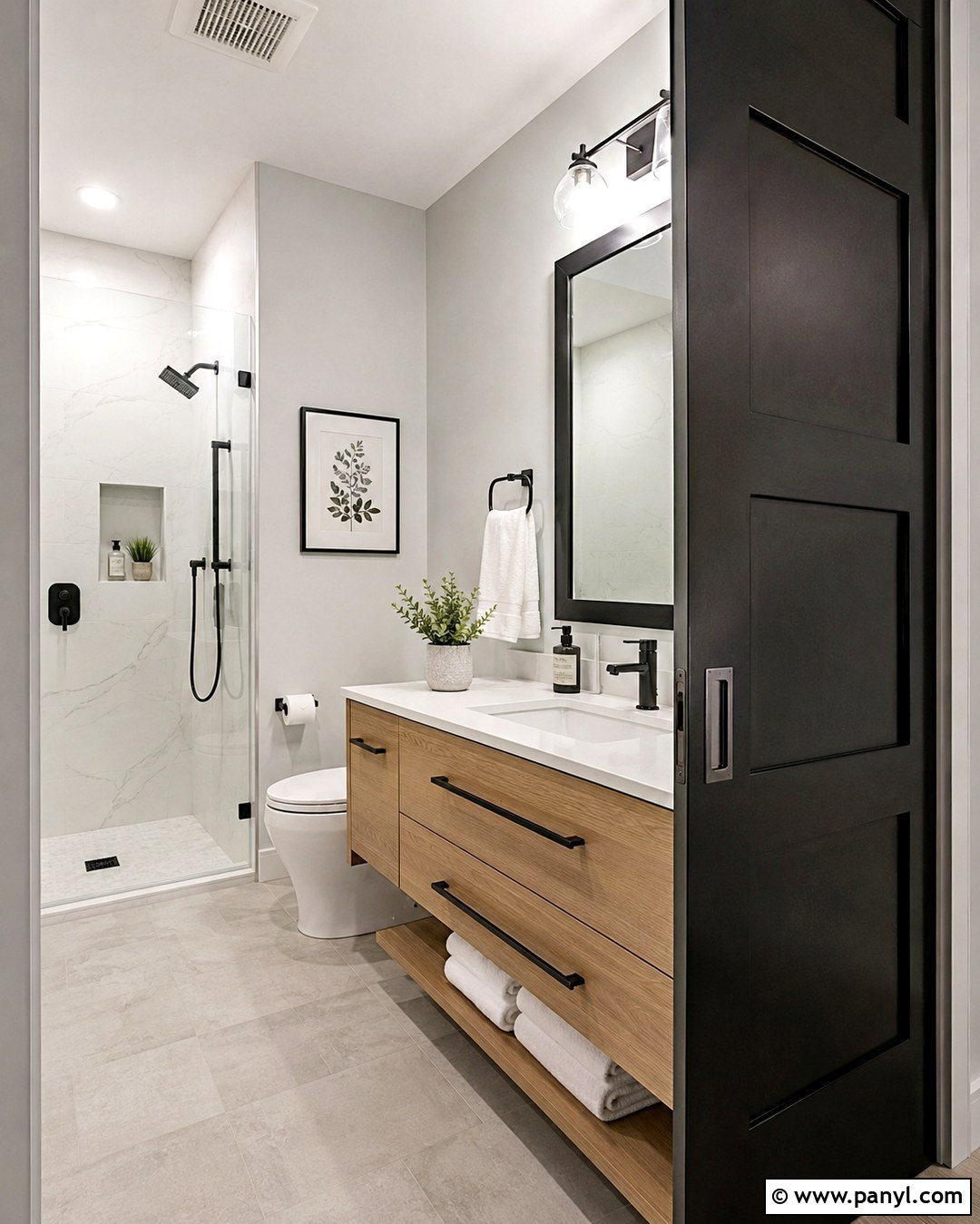 Gray Bathroom With Black Pocket Door - 20 Black Door Grey Walls