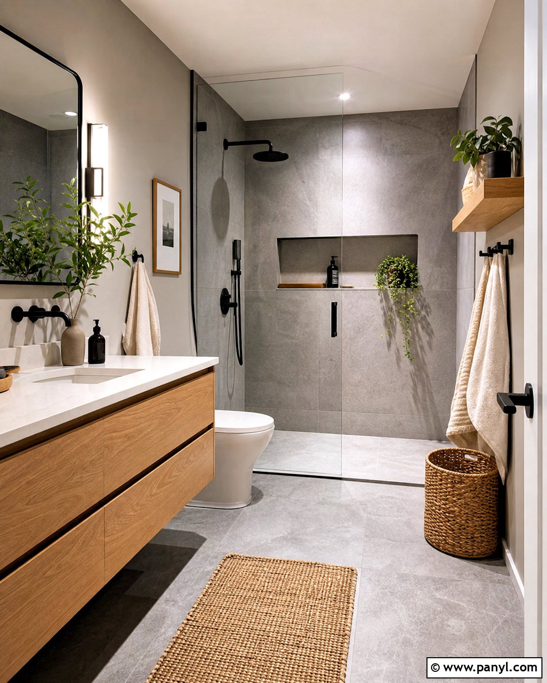 Gray Bathroom With Warm Wood - 20 small gray bathroom ideas