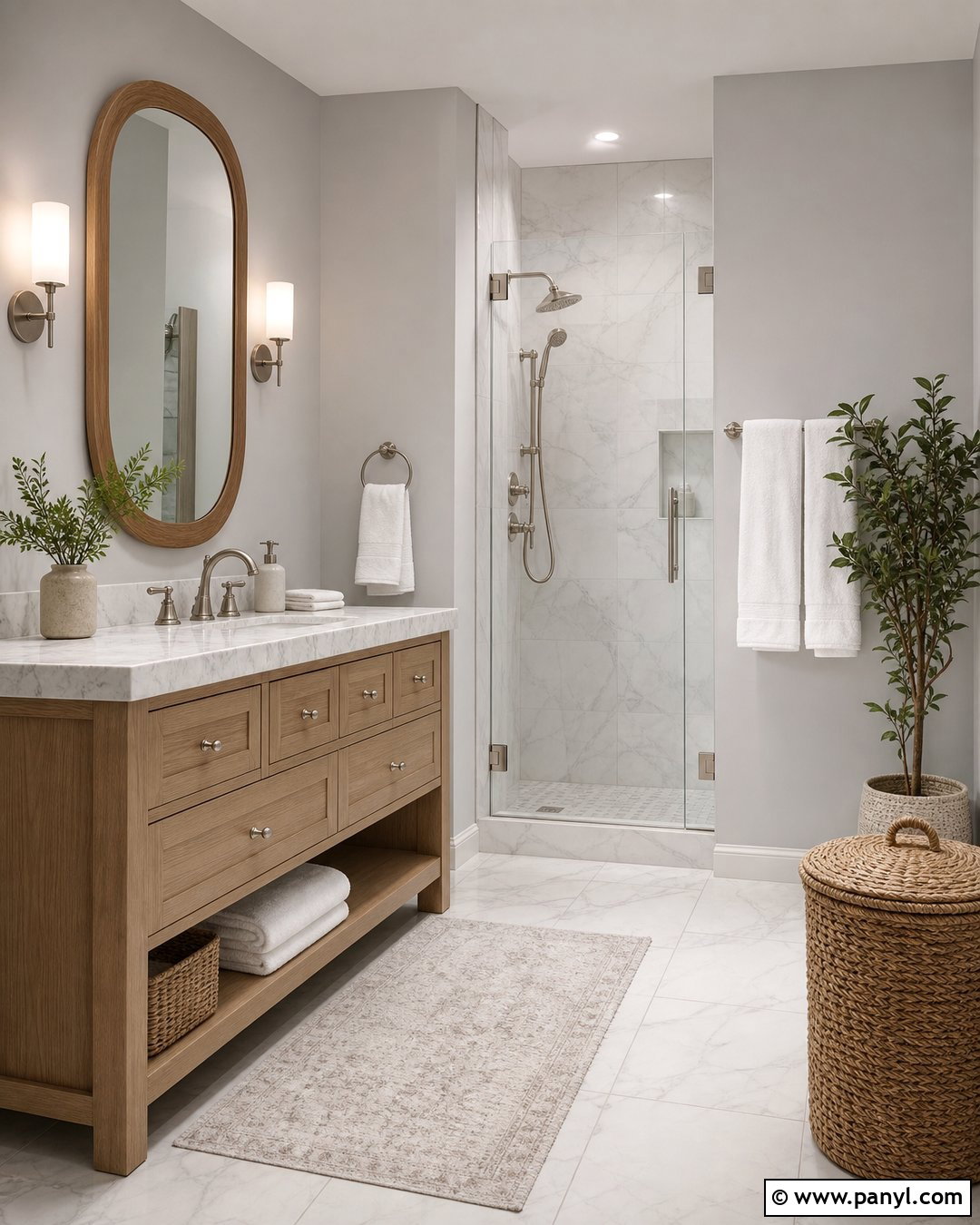 Gray Bathroom With White Marble - 25 Room With Gray Walls