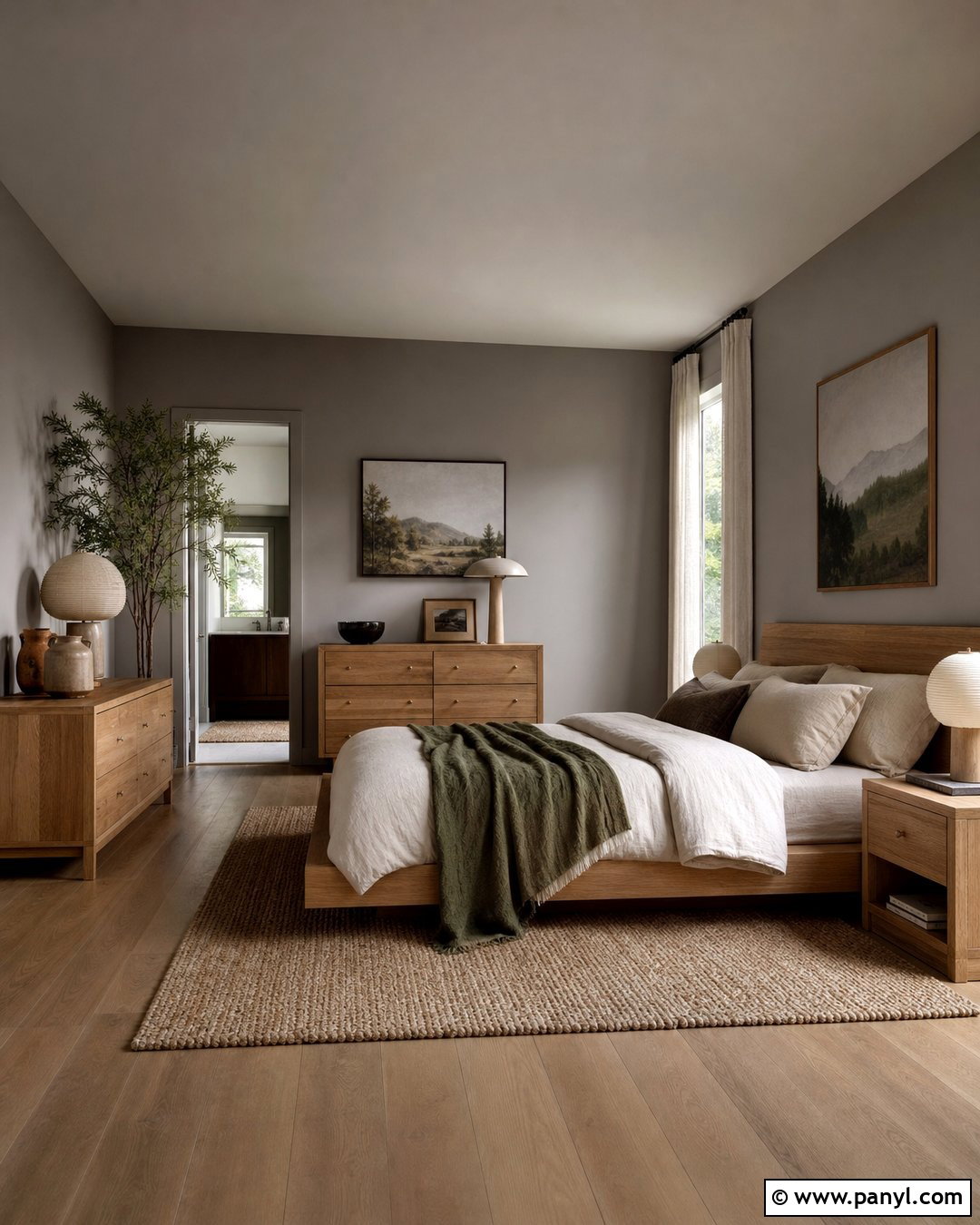 Gray Bedroom Walls With Natural Wood Decor - 35 Gray Bedroom Walls