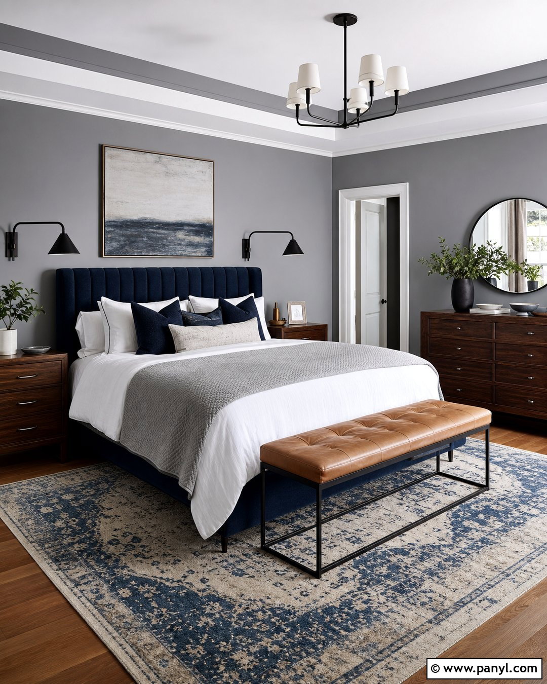 Gray Bedroom With Navy Blue Accents - 25 Room With Gray Walls