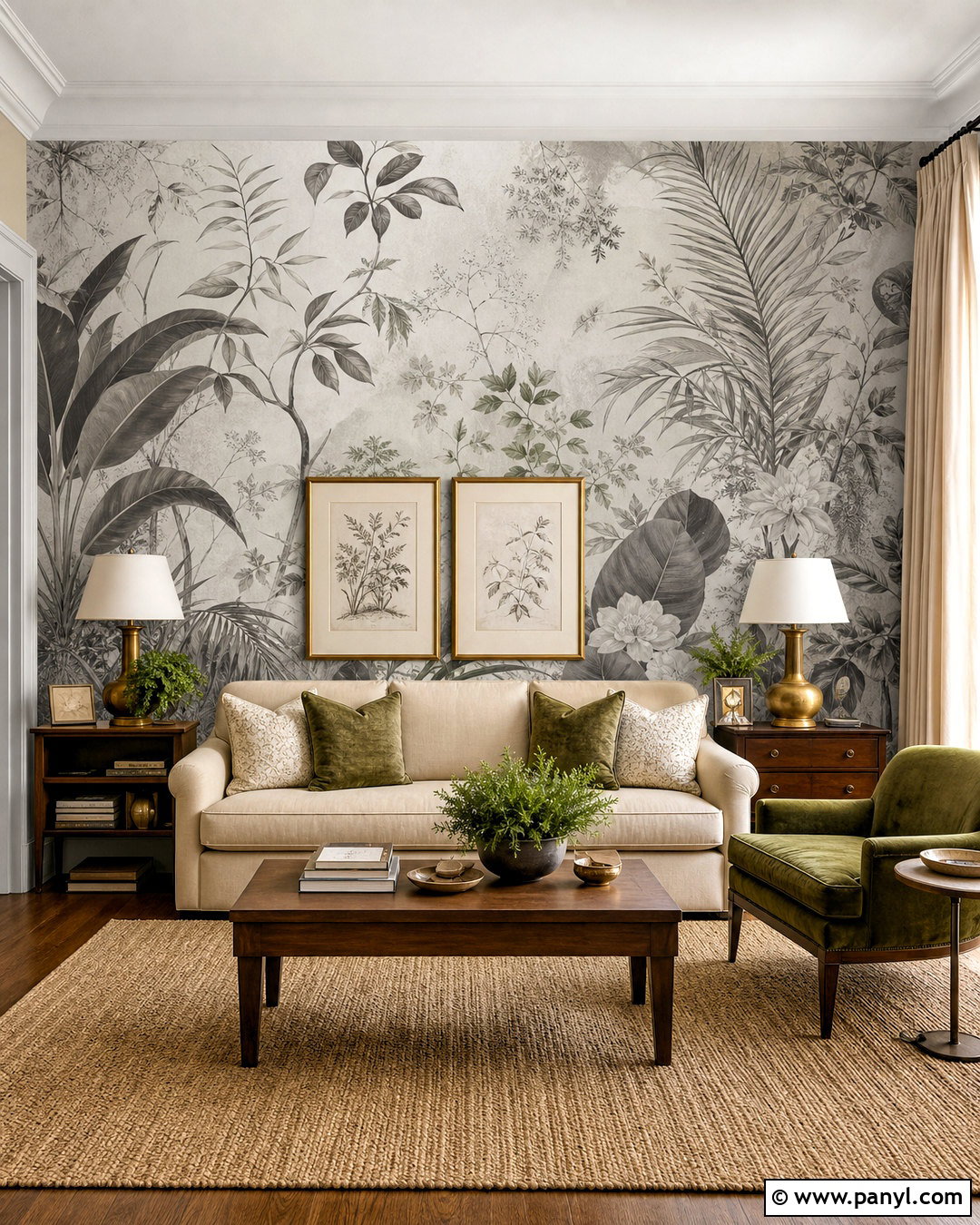 Gray Botanical Wallpaper Accent Wall - 20 accent wall gray living room ideas