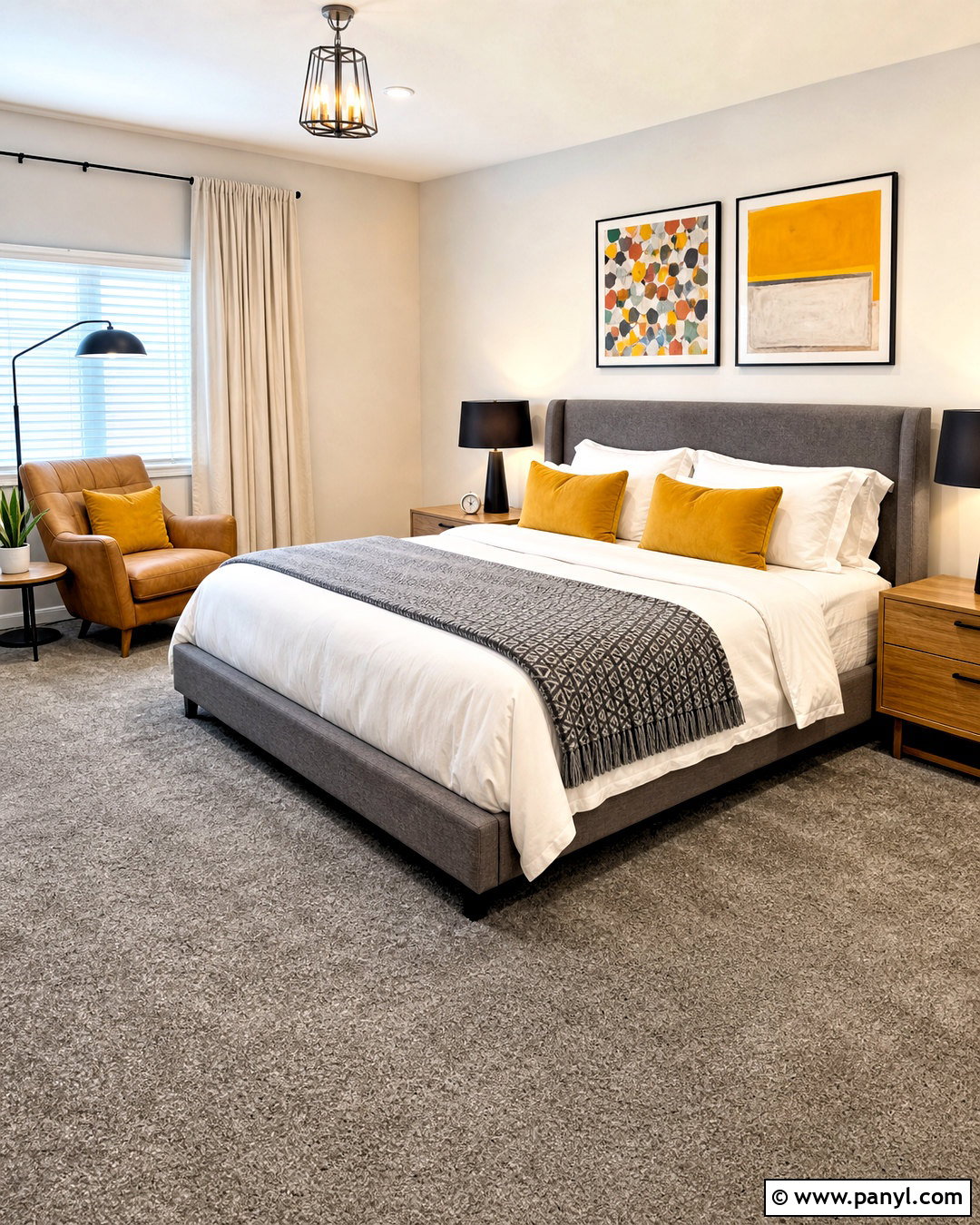 Gray Carpet Bedroom With Mustard Yellow Accents - 20 gray carpet bedroom ideas